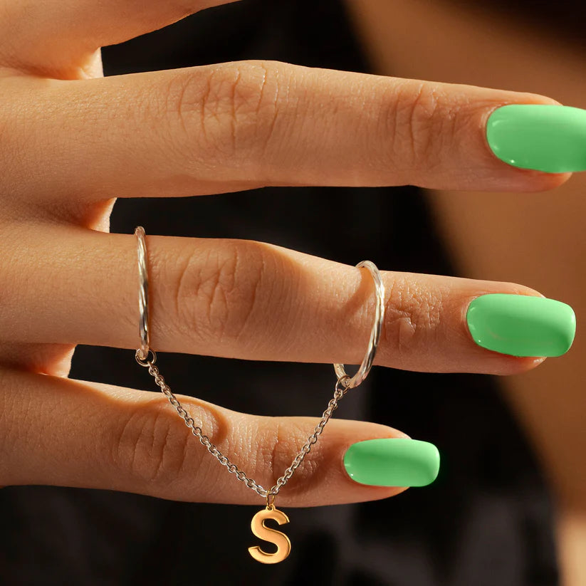 Dainty Diamond-Cut Stacking Rings With Chain and Your Letter Charm