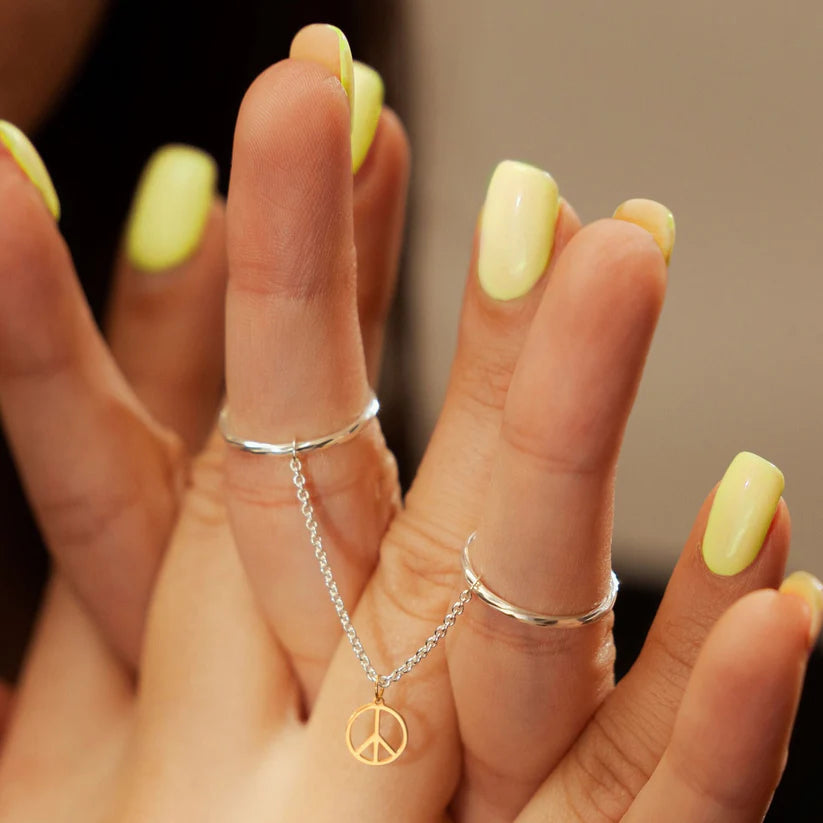 Dainty Diamond-Cut Stacking Rings With Chain and Peace Symbol Charm