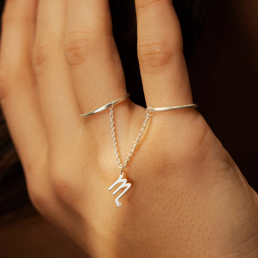 Dainty Diamond-Cut Stacking Rings With Chain and Zodiac sign Charm