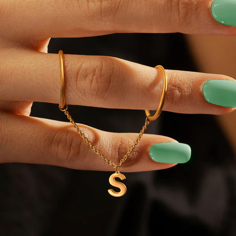 Dainty Diamond-Cut Stacking Rings With Chain and Your Letter Charm