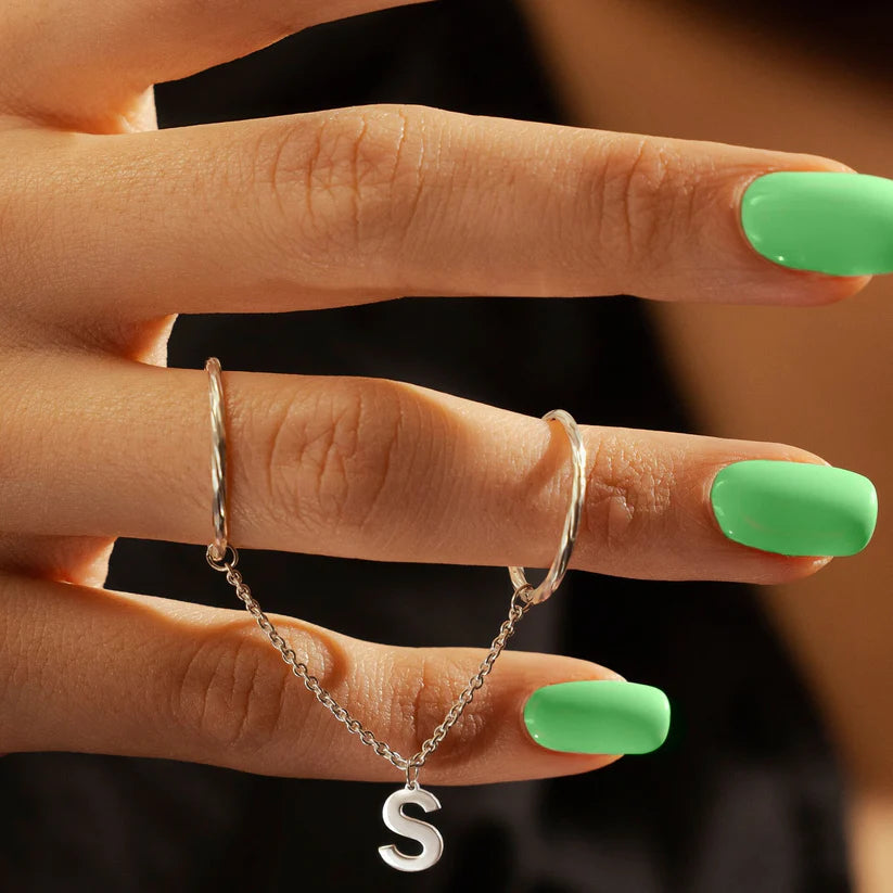 Dainty Diamond-Cut Stacking Rings With Chain and Your Letter Charm