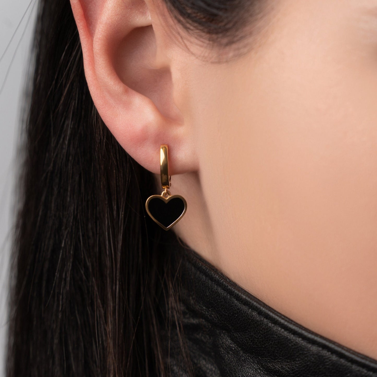 Black Enamel Heart Huggie Hoop Earrings