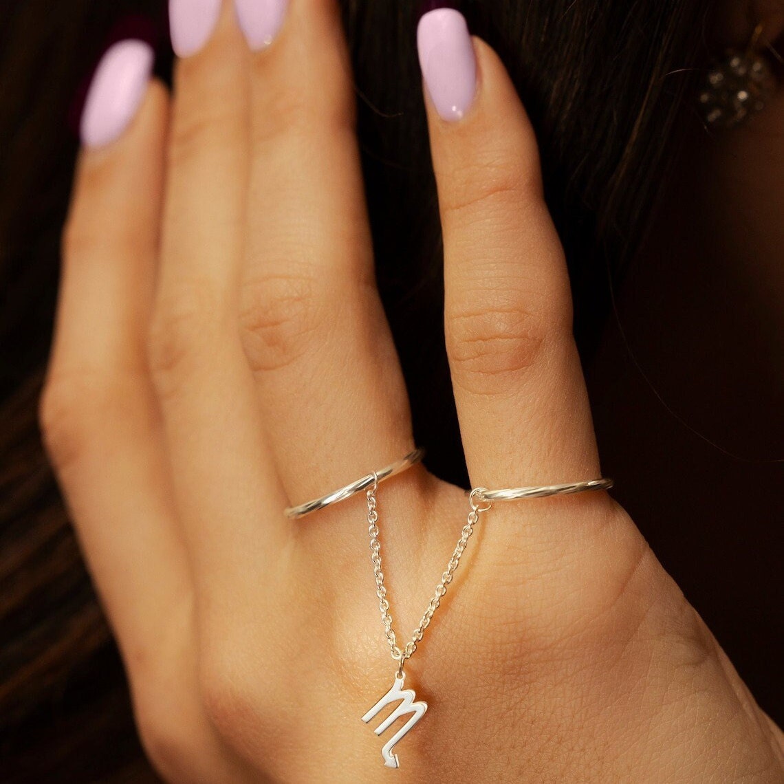 Double Finger Chain Ring with Zodiac Sign