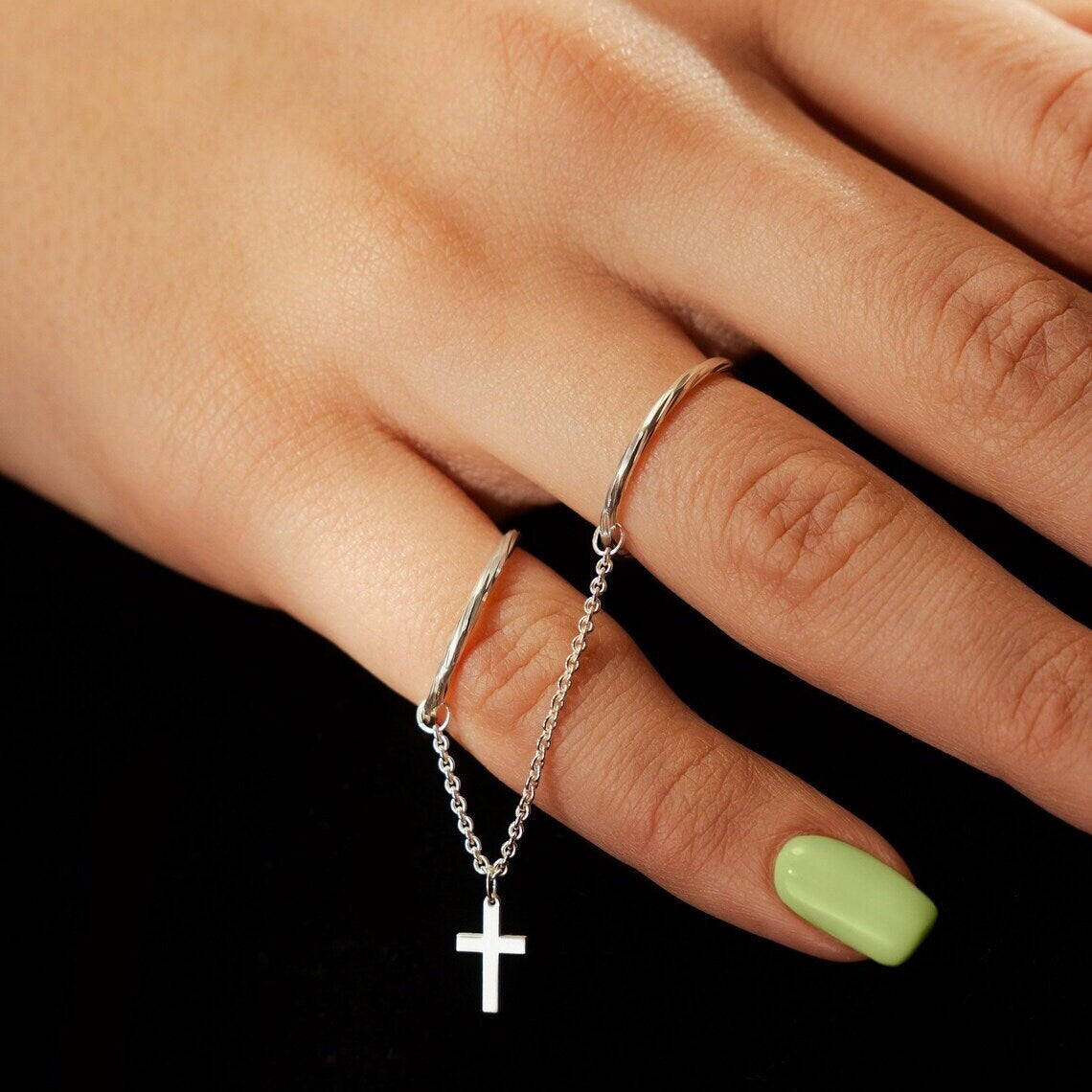 Double Rings With Cross Charm