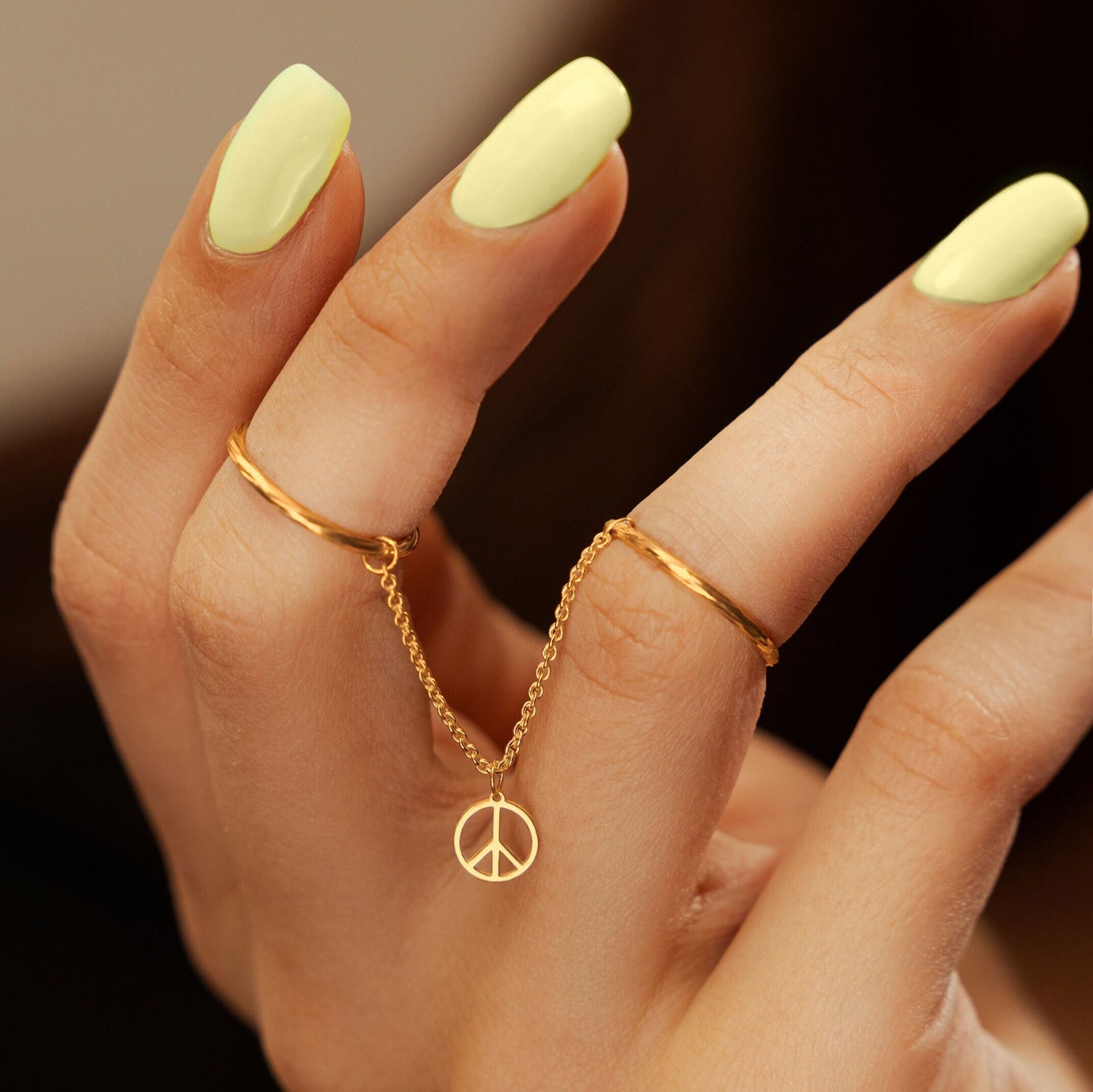 Dainty Diamond-Cut Stacking Rings With Chain and Peace Symbol Charm