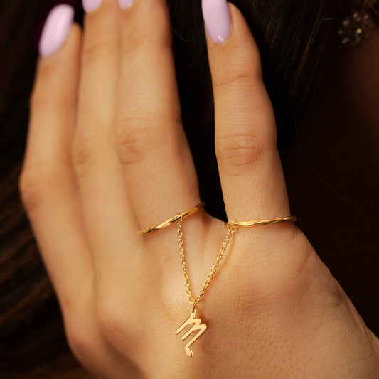 Dainty Diamond-Cut Stacking Rings With Chain and Zodiac sign Charm