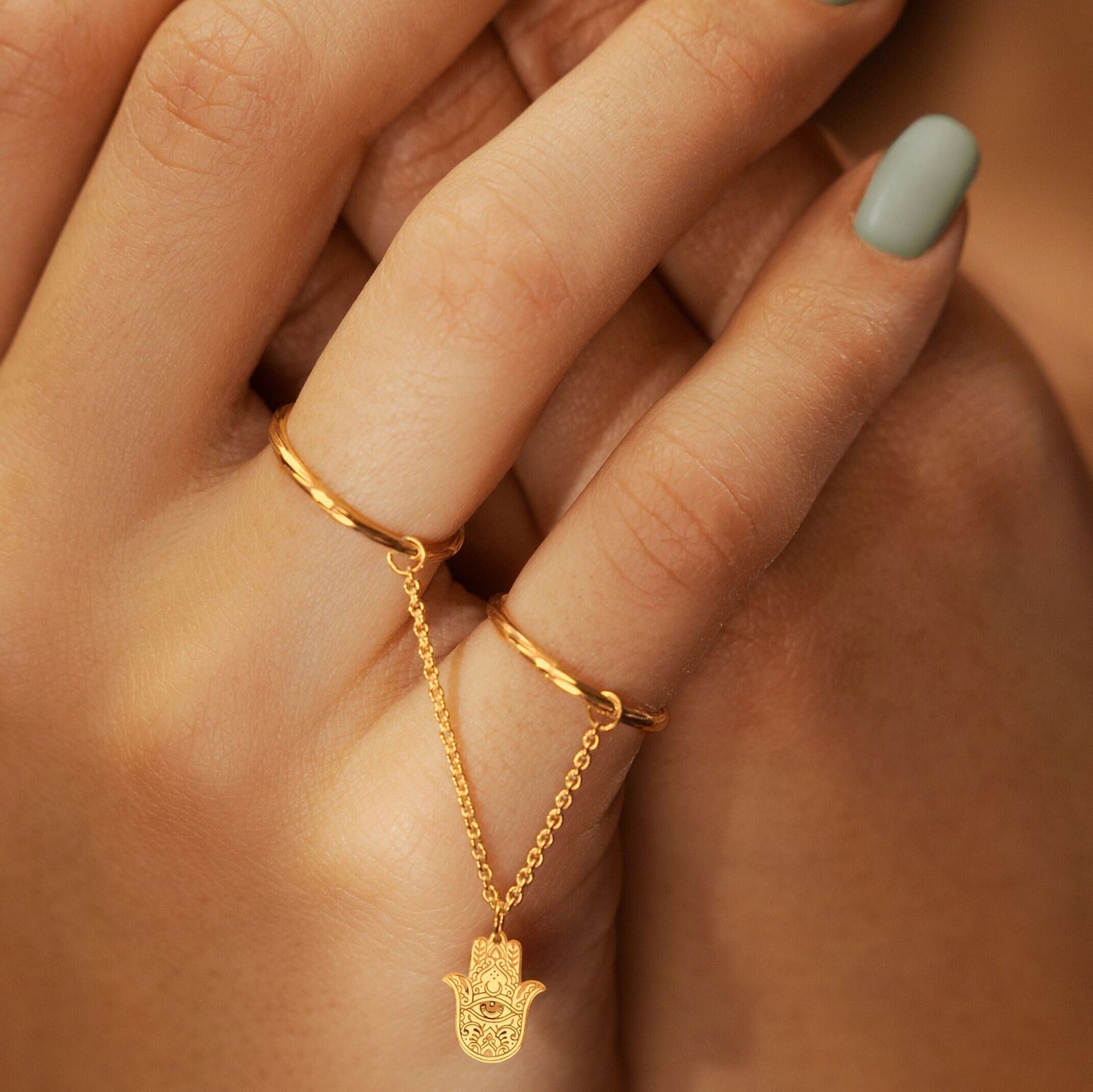 Dainty Diamond-Cut Stacking Rings With Chain and Hamsa Charm