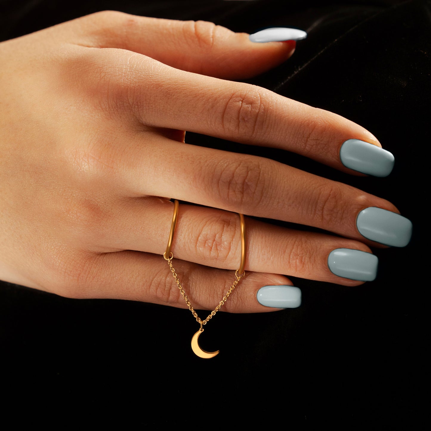 Double Round Finger Chain Ring and Crescent Moon Charm