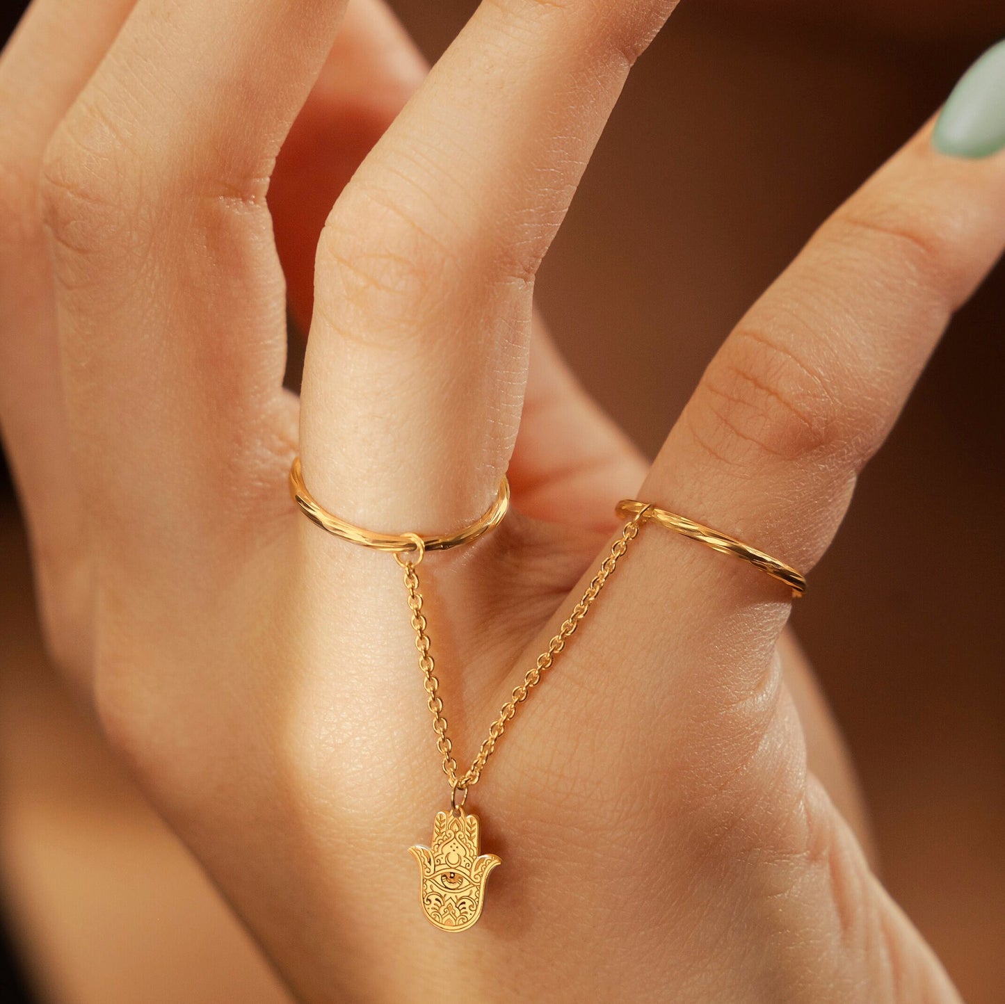 Dainty Diamond-Cut Stacking Rings With Chain and Hamsa Charm