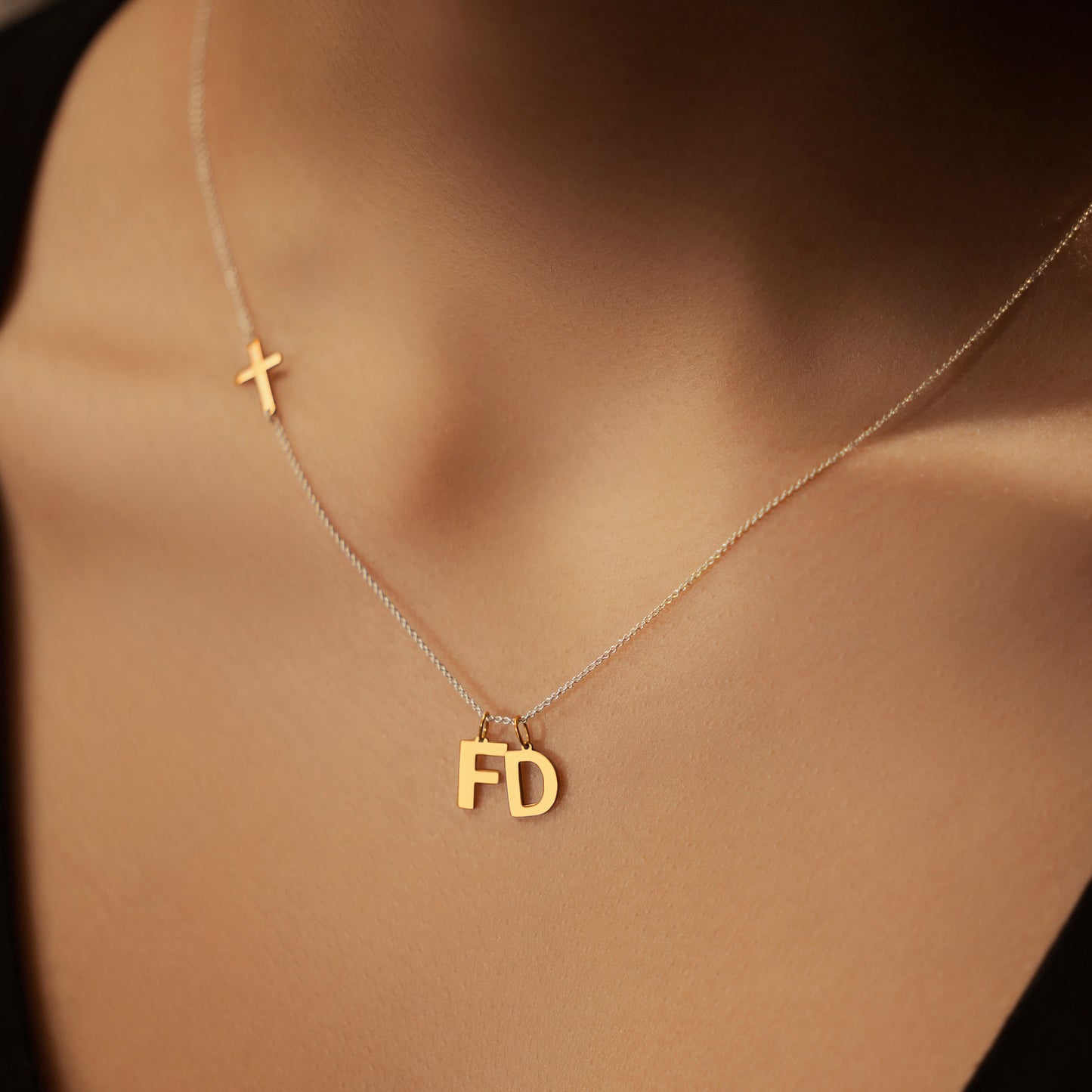 Sideway Cross And Initial Necklace