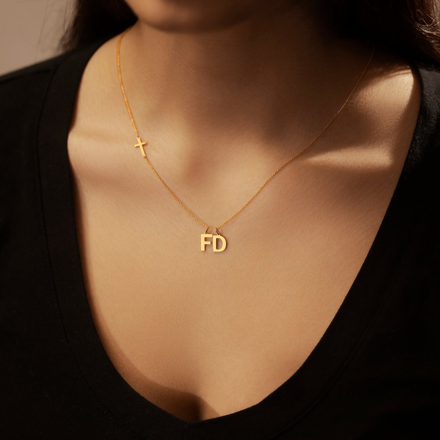 Sideway Cross And Initial Necklace