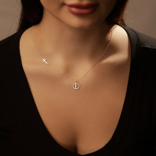 Sideway Cross And Initial Necklace