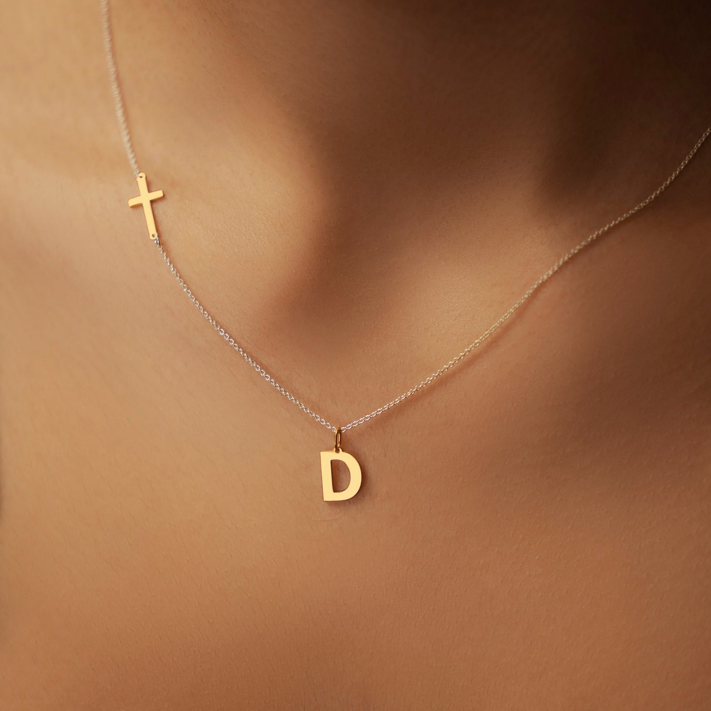 Sideway Cross And Initial Necklace