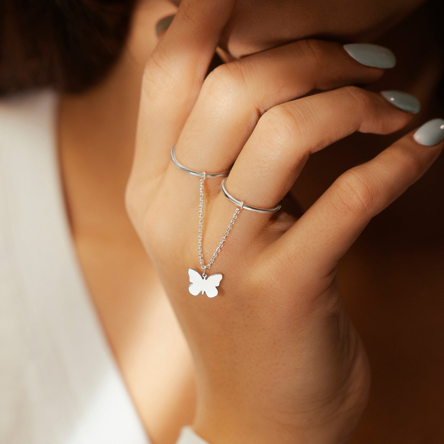 Double Round Finger Chain Ring and Butterfly Charm