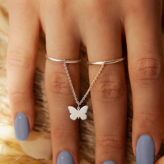 Double Round Finger Chain Ring and Butterfly Charm