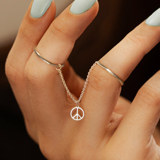 Double Round Finger Chain Ring and Peace Sign Charm