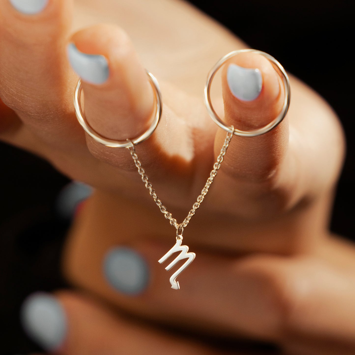 Double Round Finger Chain Ring and Custom Zodiac sign Charm