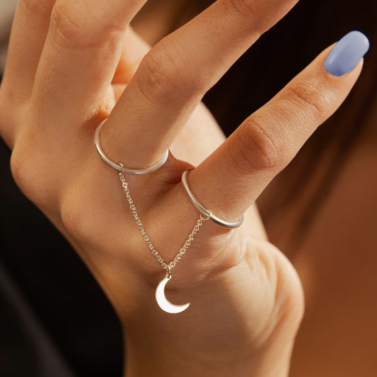 Double Round Finger Chain Ring and Crescent Moon Charm