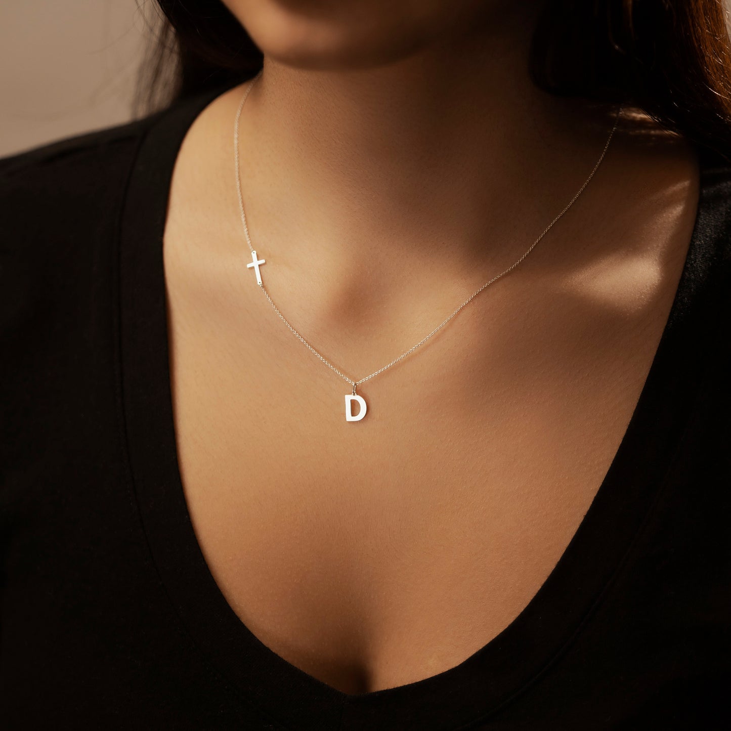 Sideway Cross And Initial Necklace