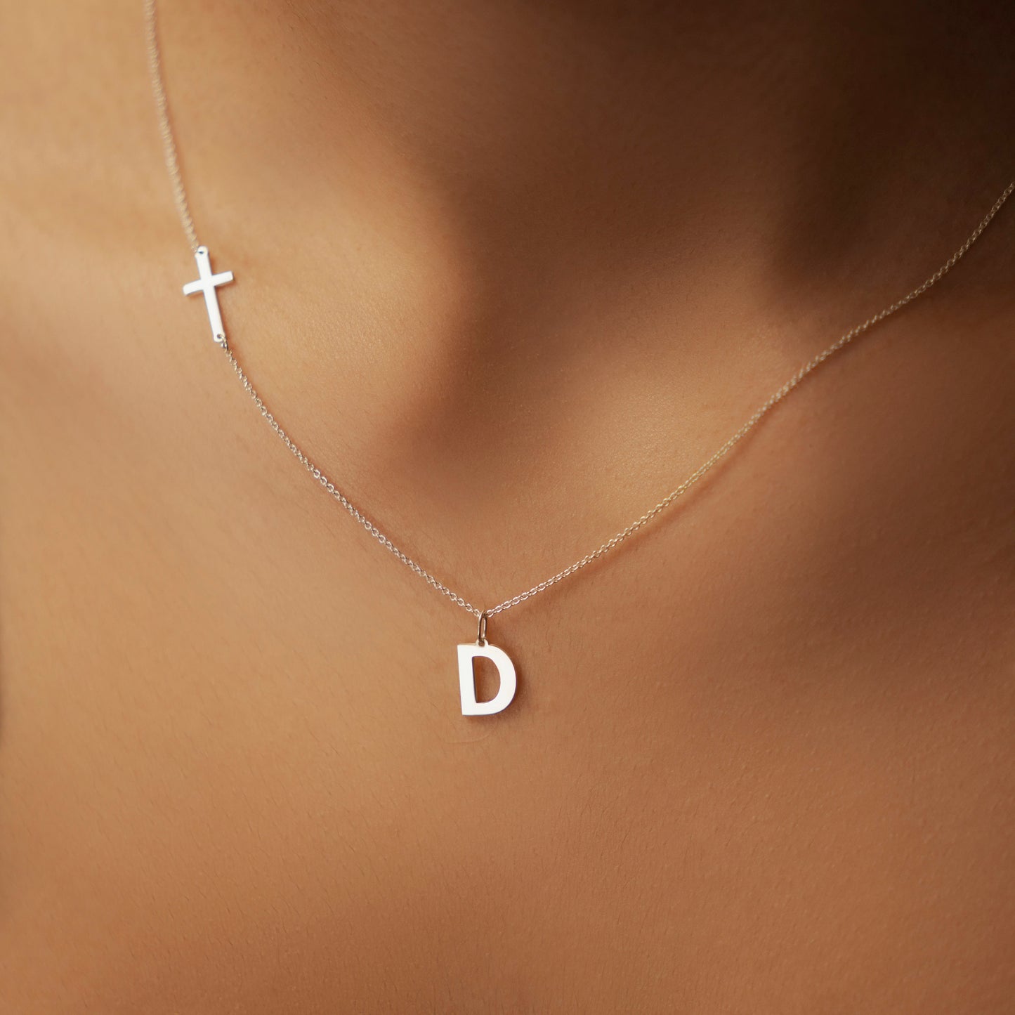 Sideway Cross And Initial Necklace