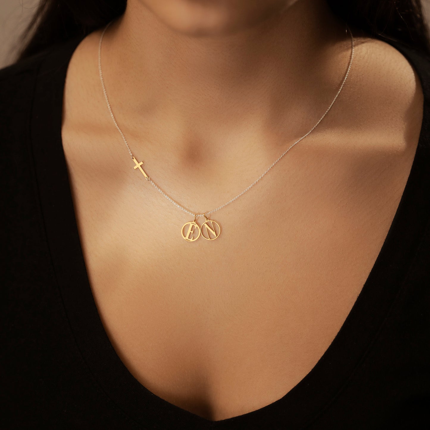 Sideway Cross And Initial Necklace