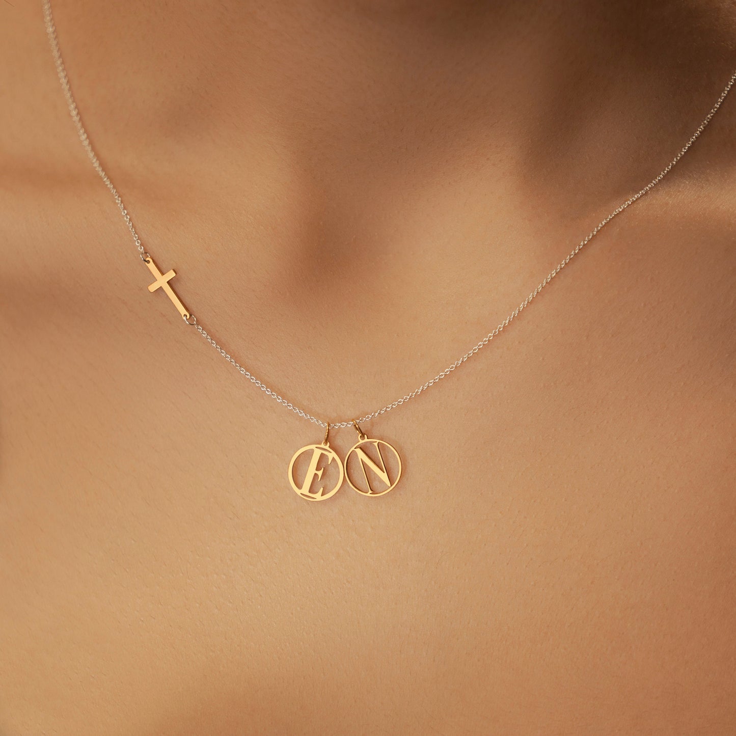 Sideway Cross And Initial Necklace