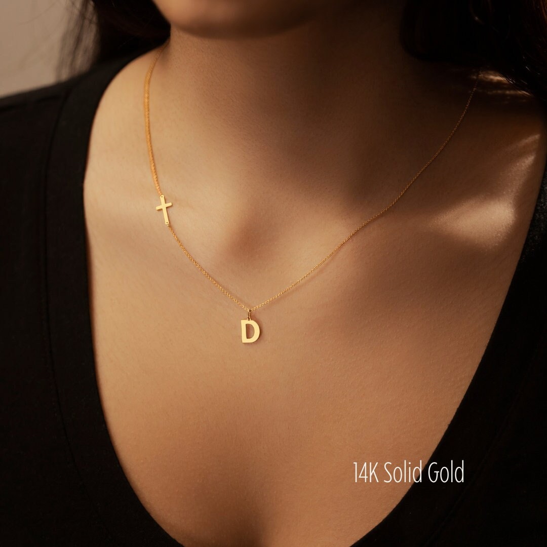 Sideway Cross And Initial Necklace