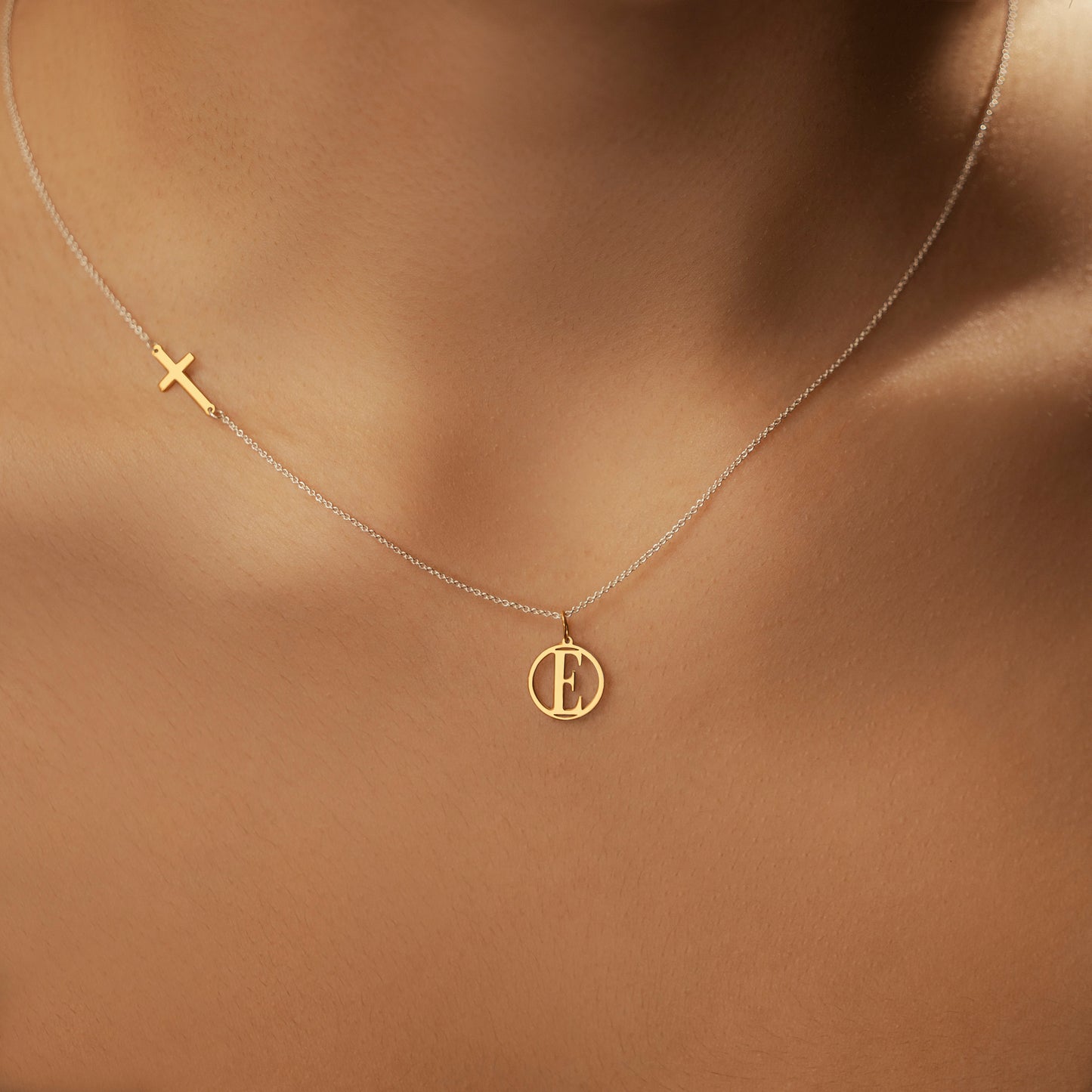 Sideway Cross And Initial Necklace