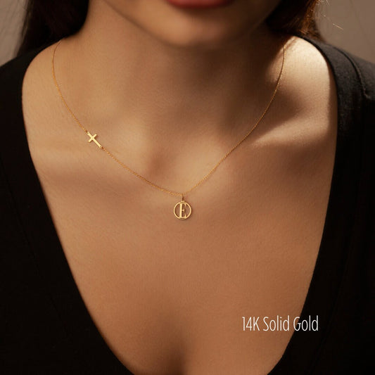 Sideway Cross And Initial Necklace