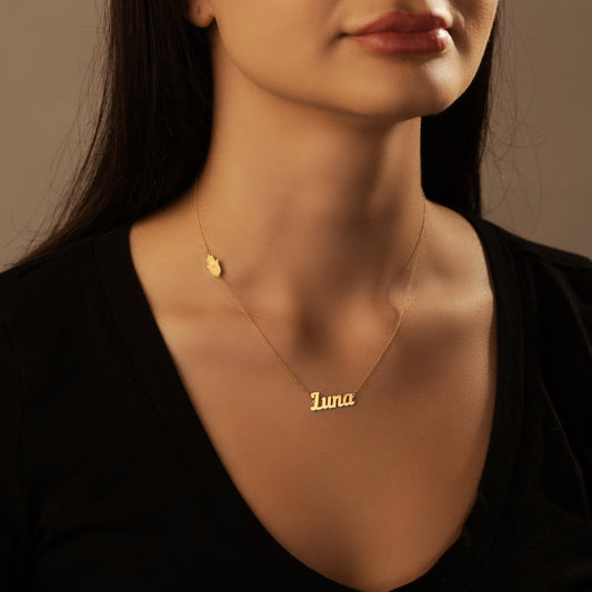 Sideway Hamsa Pendant Necklace with Your Name