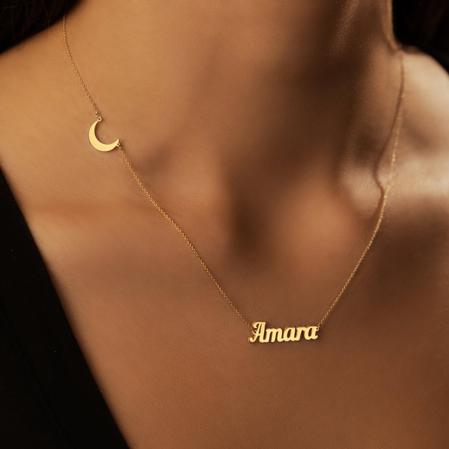 Sideway Crescent Pendant Necklace with Your Name