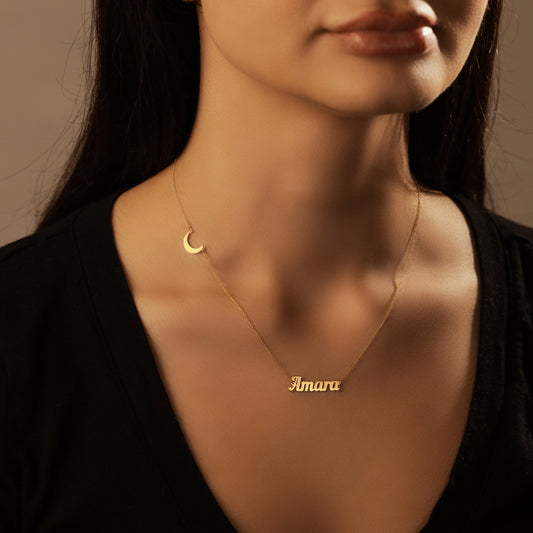 Sideway Crescent Pendant Necklace with Your Name