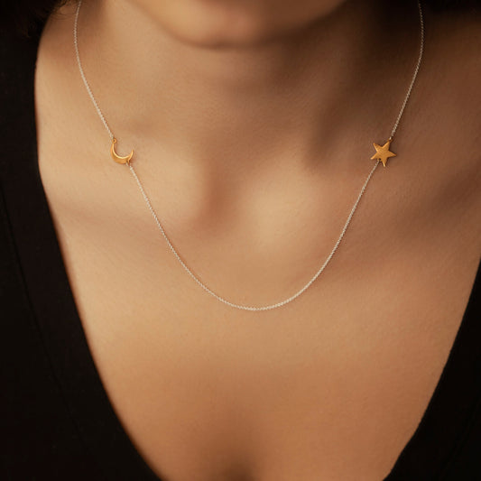 Sideway Crescent Moon and Star Necklace