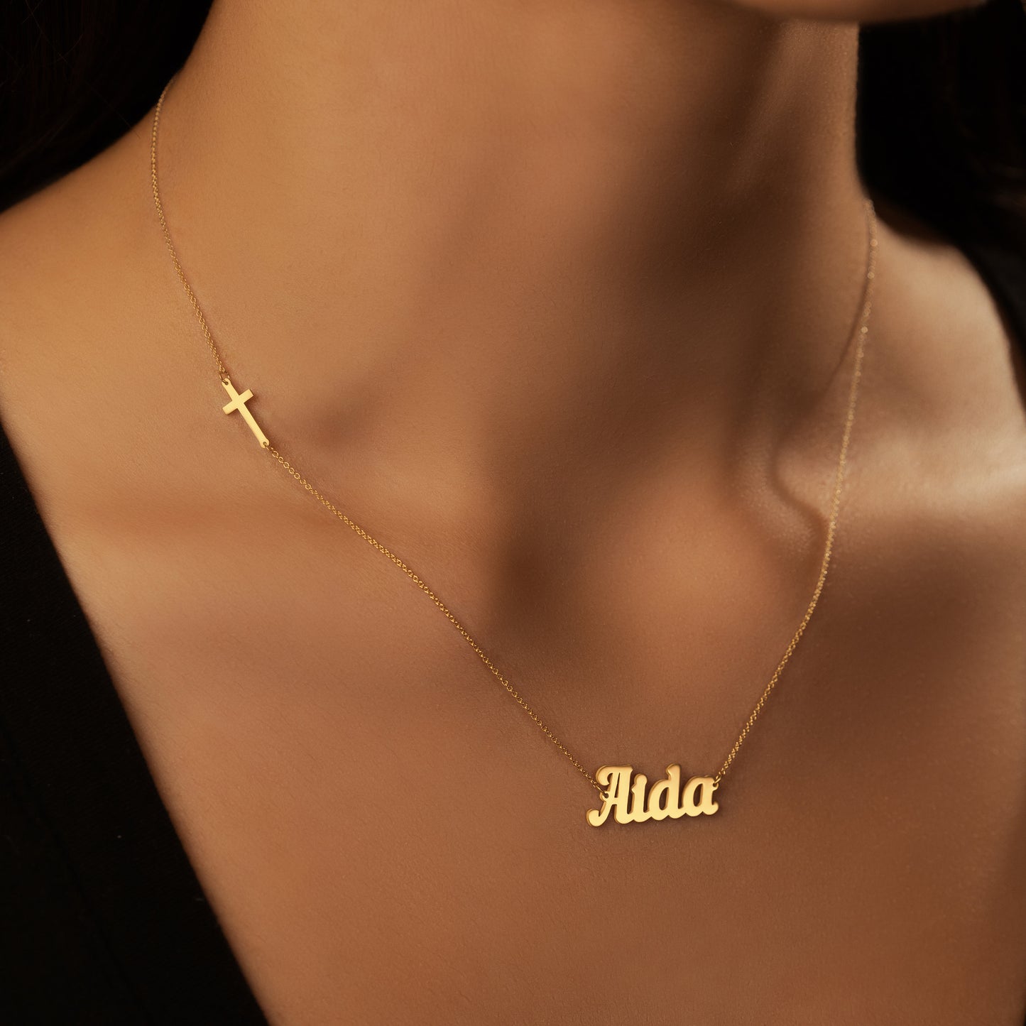 Sideway Cross And Name Necklace