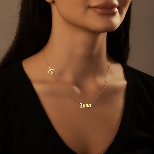 Sideway Plane Pendant Necklace with Your Name