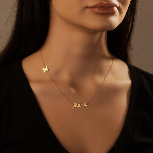 Sideway Butterfly Pendant Necklace with Your Name