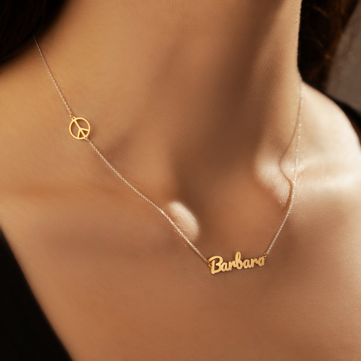 Sideway Peace Sign Pendant Necklace with Your Name
