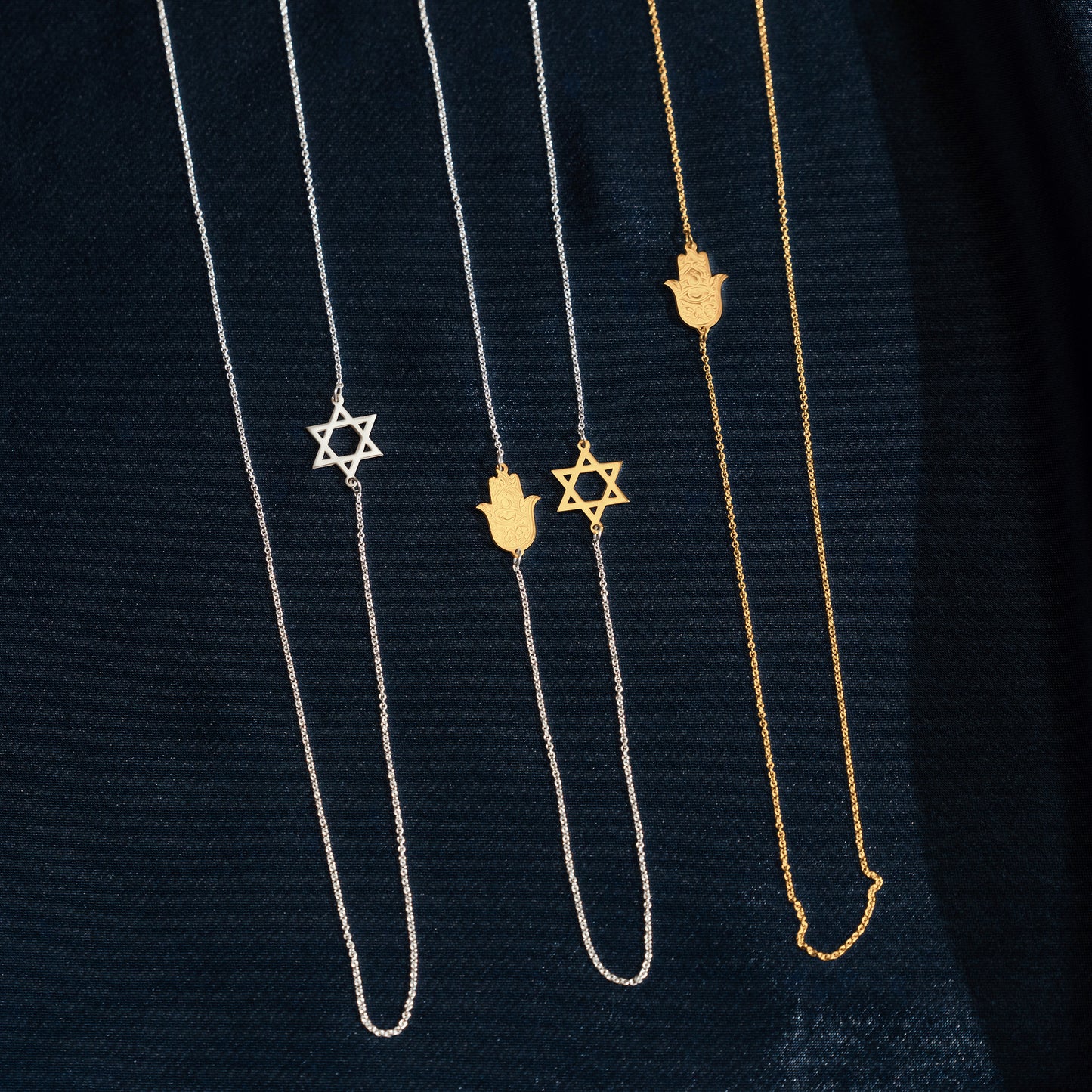 Sideway Star of David and Hamsa Pendant Necklace