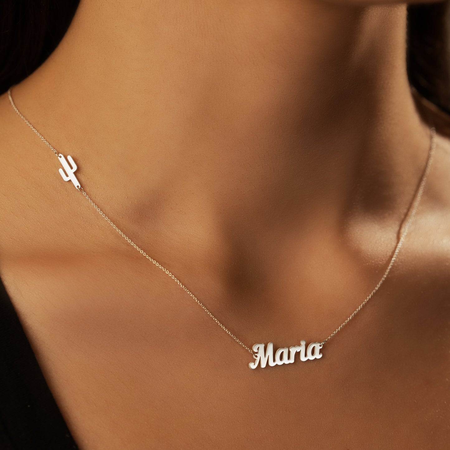 Sideway Cactus Pendant Necklace with Your Name