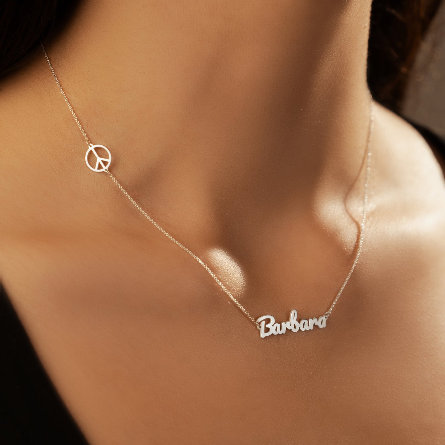 Sideway Peace Sign Pendant Necklace with Your Name
