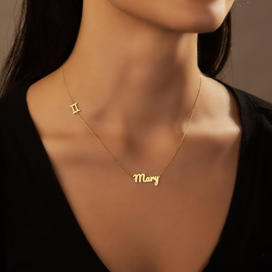 Sideway Zodiac Sign Pendant Necklace with Your Name